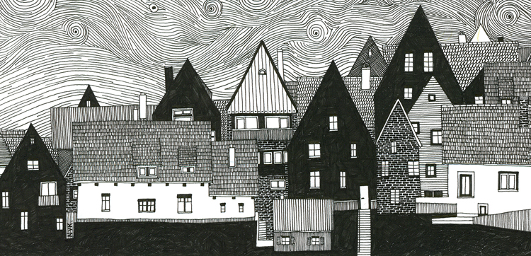 SKY weather houses Architectural Drawing hand drawing Personal Illustration pen black village
