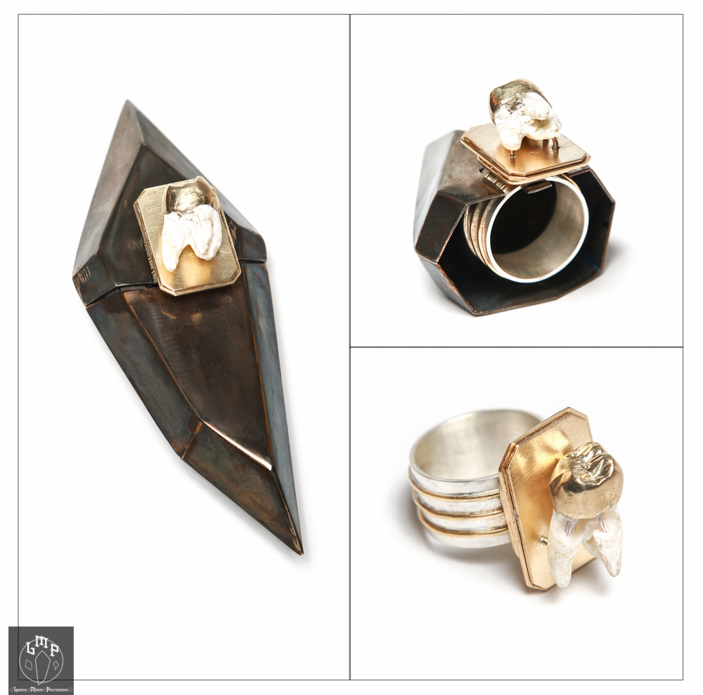 art jewelry metalsmithing j+m Jewellery tooth gold sterling silver naval bronze relic reliquary ring Wearable adornment decay