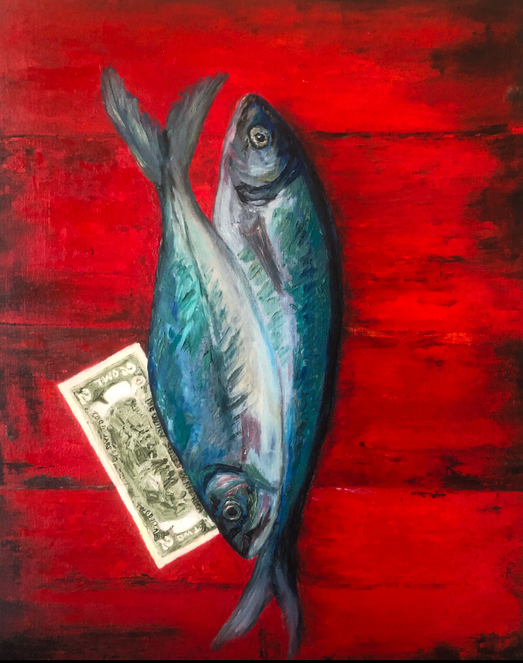 contemporary Oil Painting artwork fish dollar