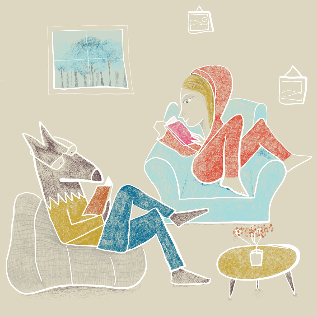 Caperucita y el lobo en casa leyendo un libro - ilustrado por Florencia Tubio