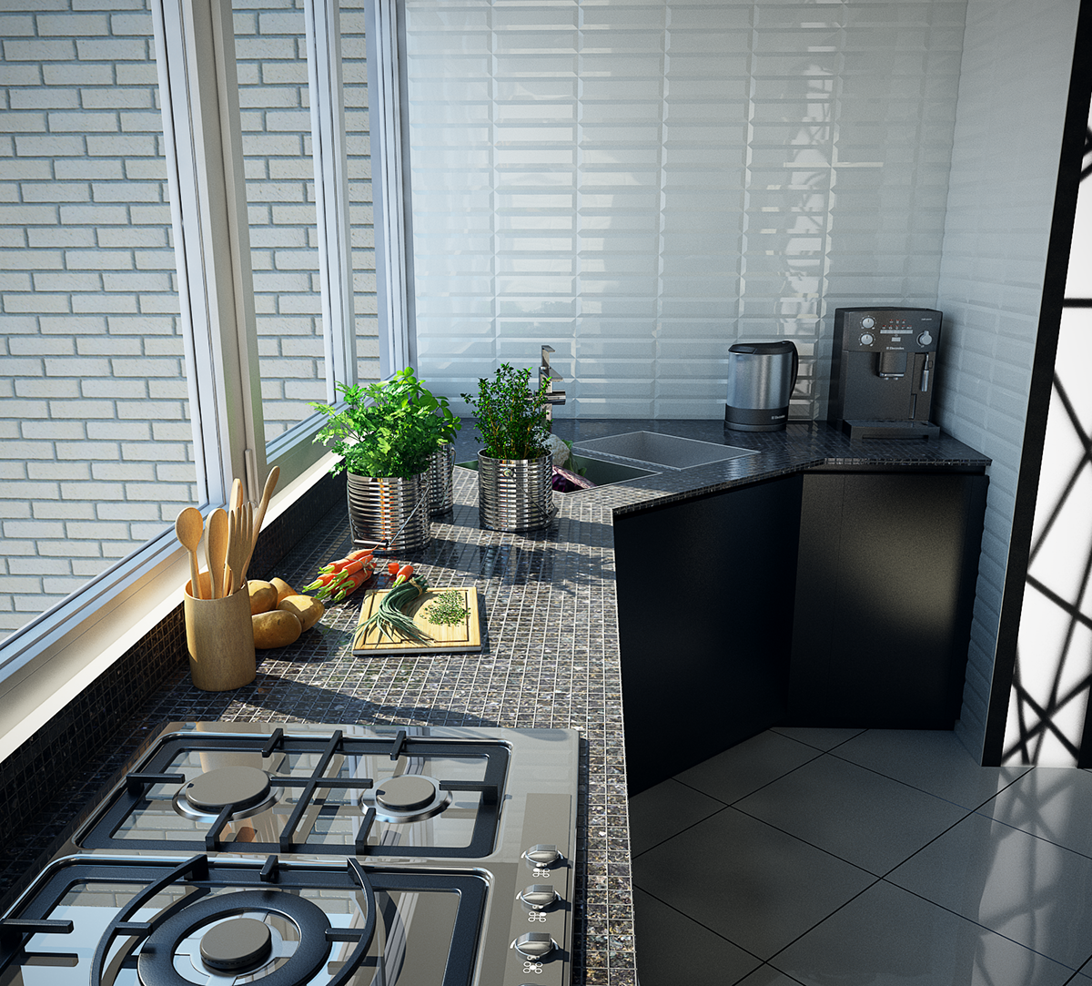 Interior V-ray kitchen black White 3dsmax photoshop modern LOFT
