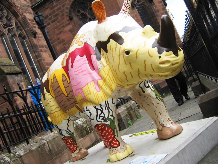 Rhino Fibreglass sculpture public art ice cream animal trail Chester paint