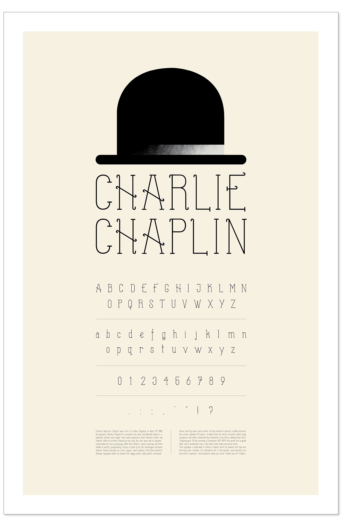 Typeface charlie chaplin hat type uppercase lowercase punctuation poster