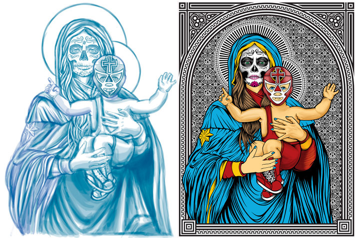 jesus pattern santa muerte our lady skull christ mexican wrestler virgin mary day of the dead luchadore