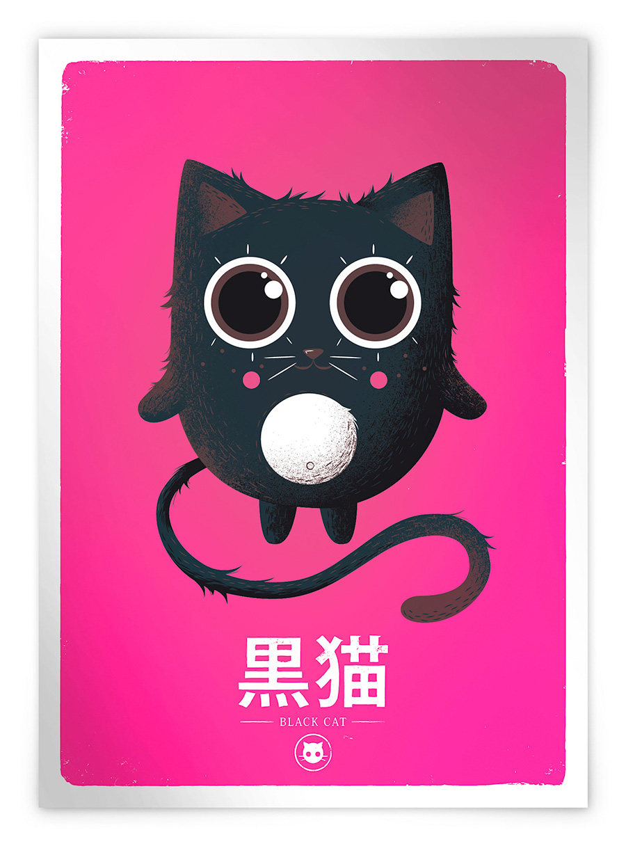 MKT4 sceen-print sérigraphie 4 couleurs animaux kawaï Chat Black Cat turquoise rose affiche illustration jeunesse