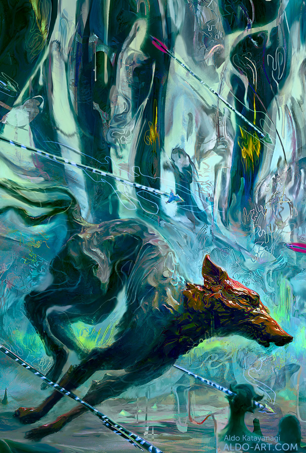 digital painting dog wolf animal creature monster fantasy surreal trippy psychedelic art woods forest arrow Archery ghost