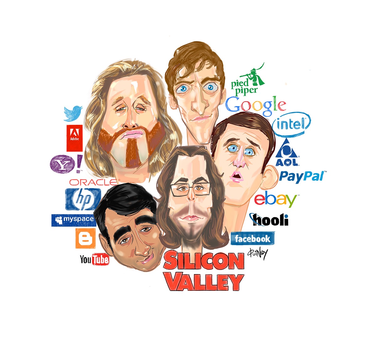 caricatures illustrations editorial Quincy Sutton hbo Silicon Valley twitter google yahoo paypal eBay facebook