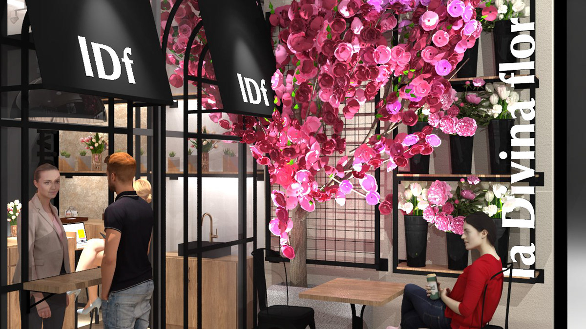 3D brand identity Flower Shop industrial design  interior design  Point of Sale Render