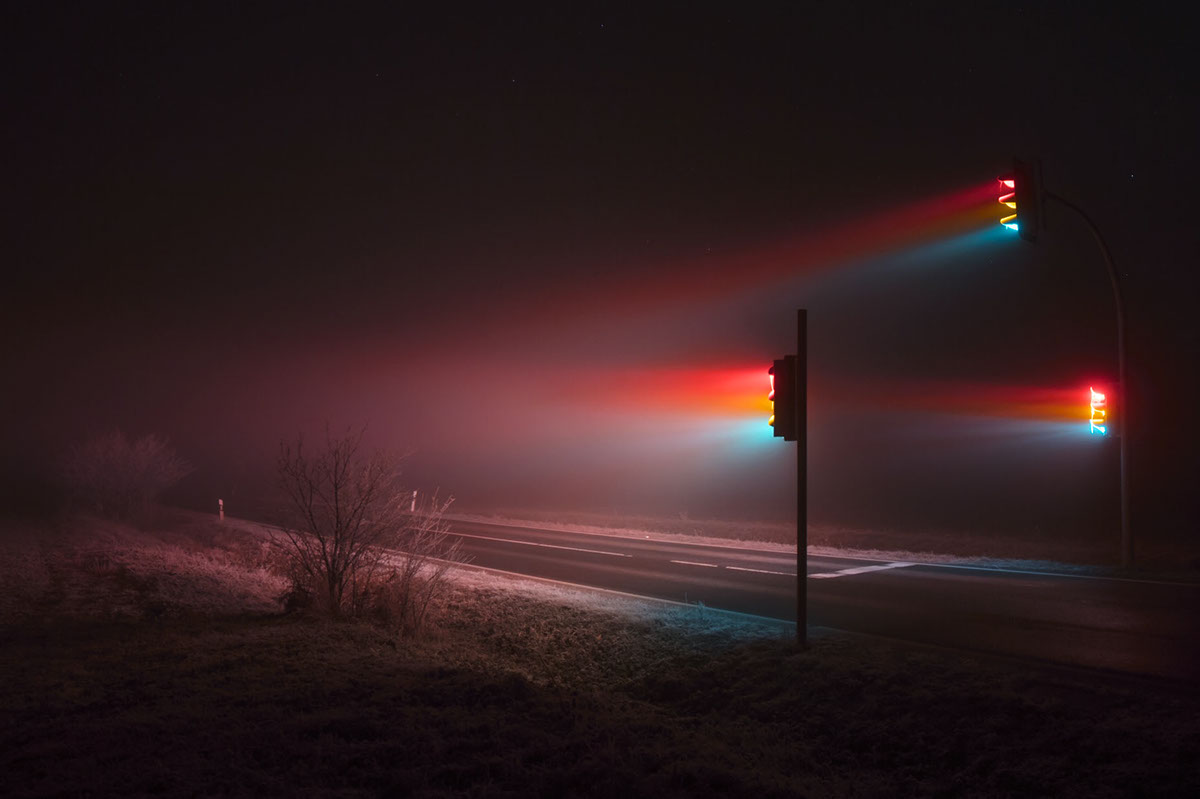 traffic lights night colorful rainbow fog stars neon