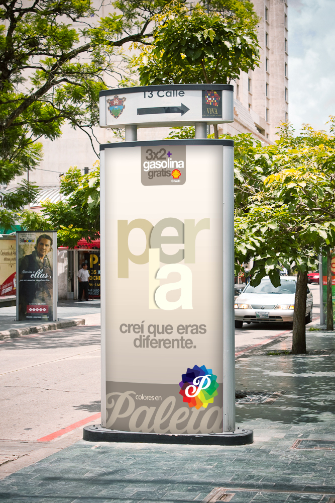 brand campaign Guatemala Paleta colorful type shadow paper pink blue White text billboard newspaper mupi