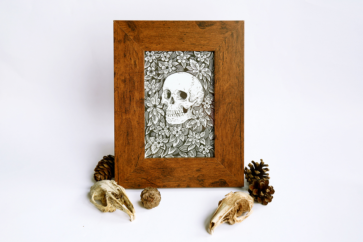 frame buy for sale art collectables kitsch Stuff Original pen and ink detail skull skulls bits and bobs