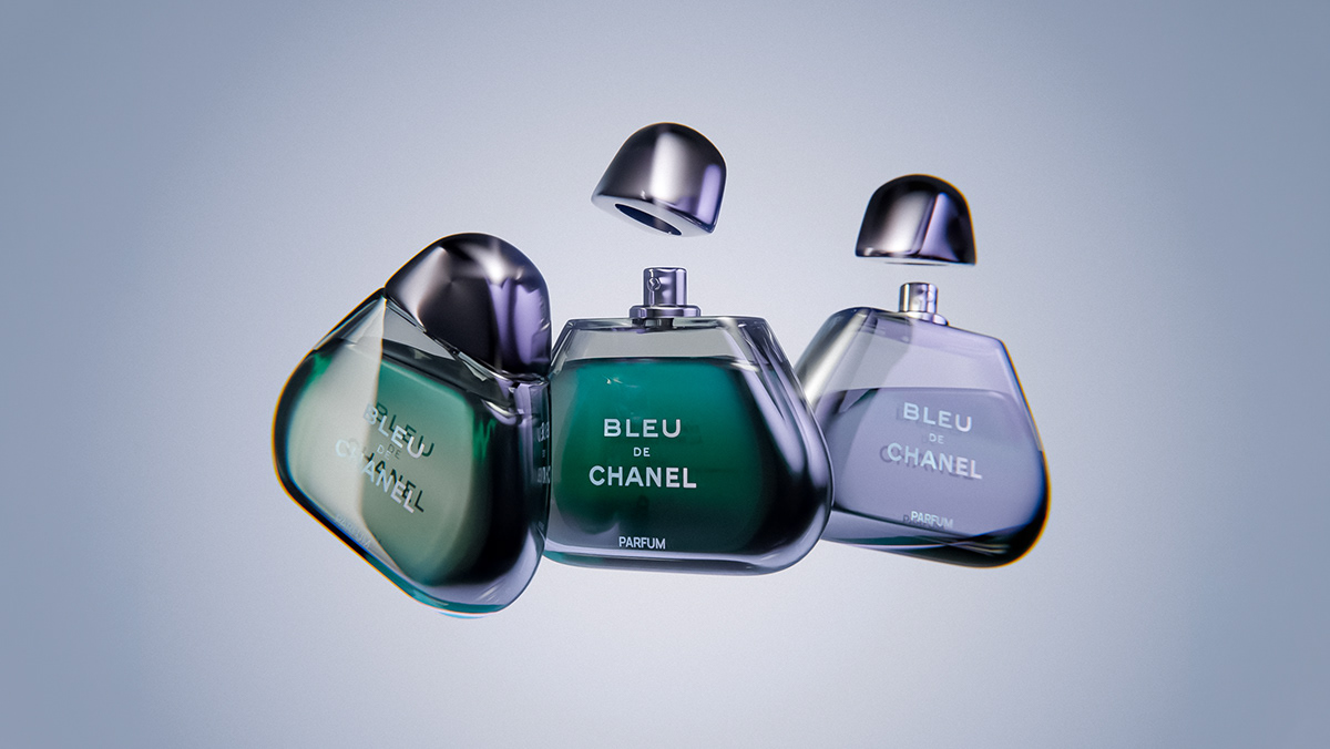 Multiple Blue de Chanel Perfumes bottle rendered as a CGI.