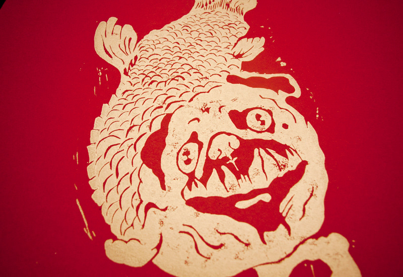 gold print fish black Bordeaux petrol dog fantasy creature storytelling   koi tale imagination piranha linocut Pug