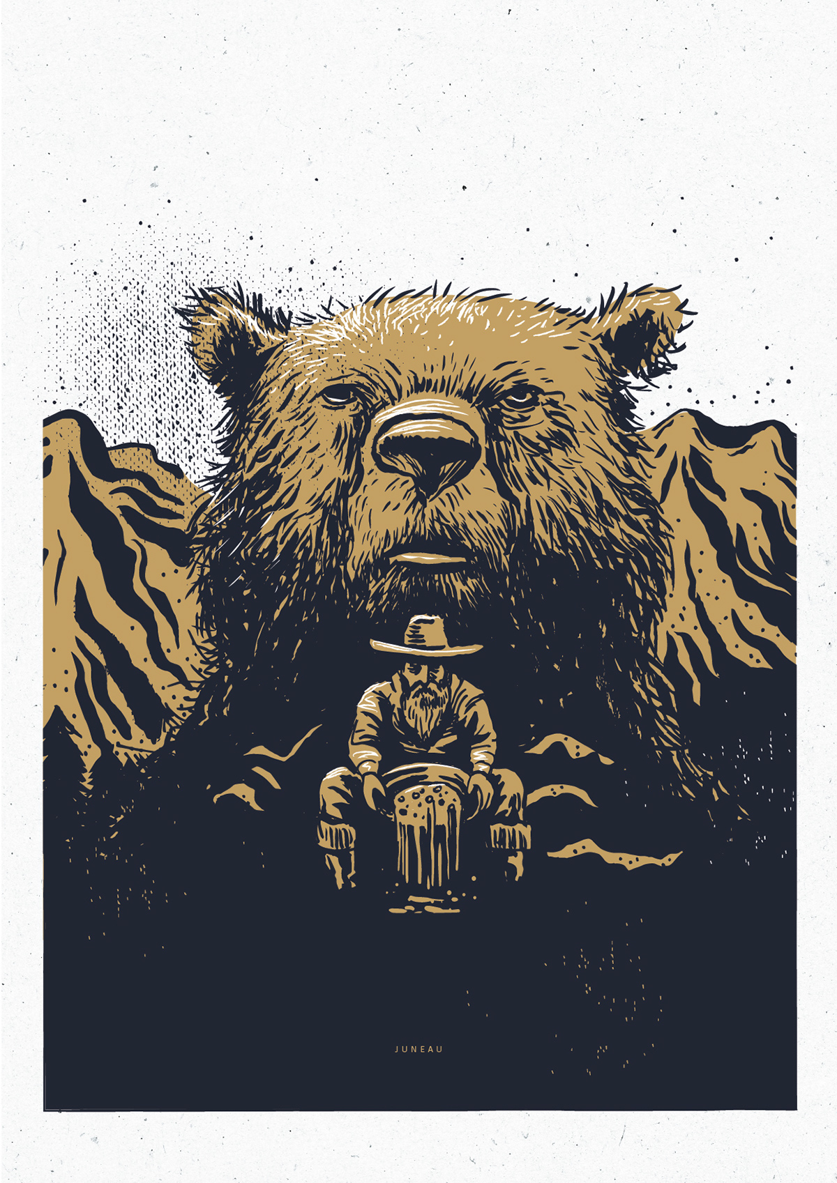 Gold Rush Alaska traditional illustration Mix media black and white kikoplastic bear train Craft style salmon