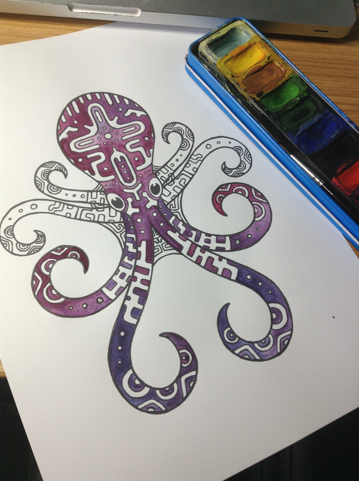 octopus line art pattern water colour
