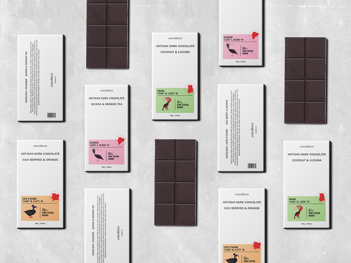 graphic design  packaging design chocolate CocoLoco artisan dark chocolate Illustrator dieline chocolate bar