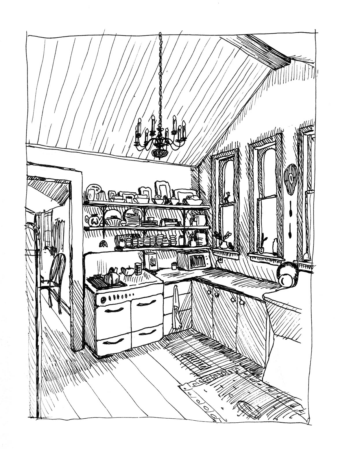 ink sketchbook Drawing  kitchen house foliage