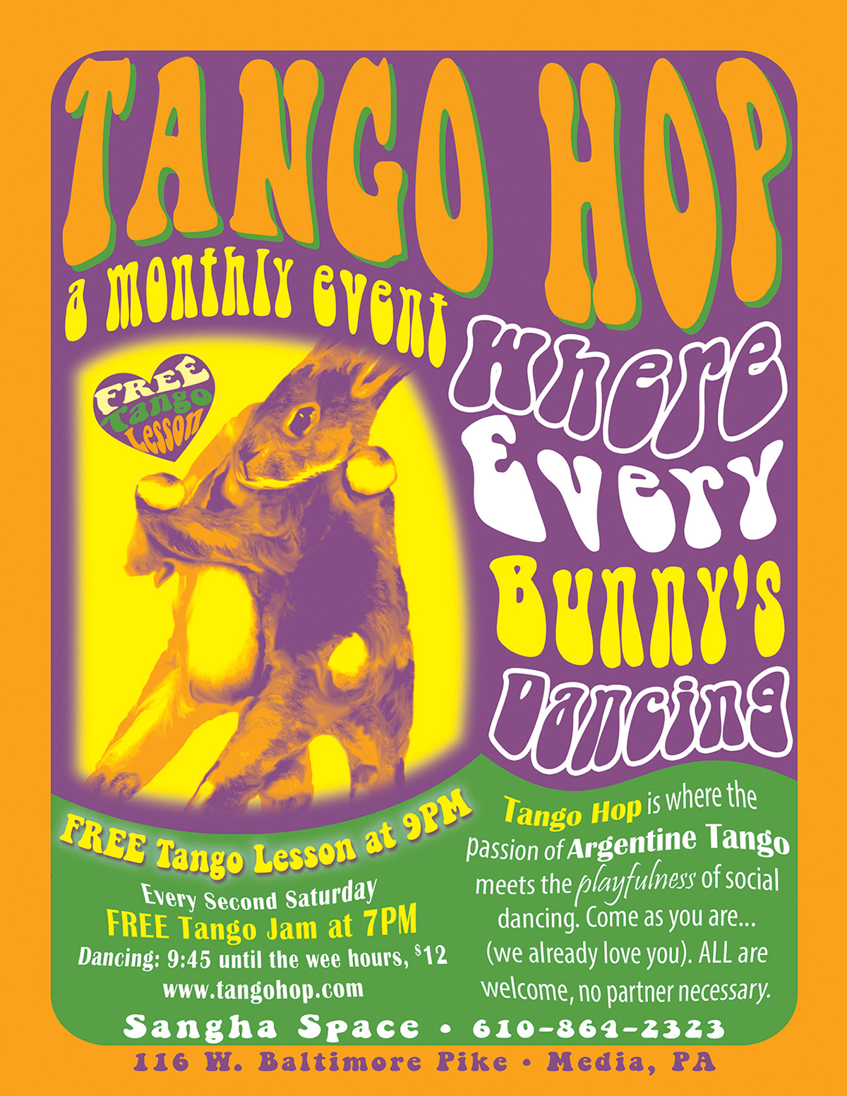 bunny dancing 60s rock poster flyer orange purple green tango yellow