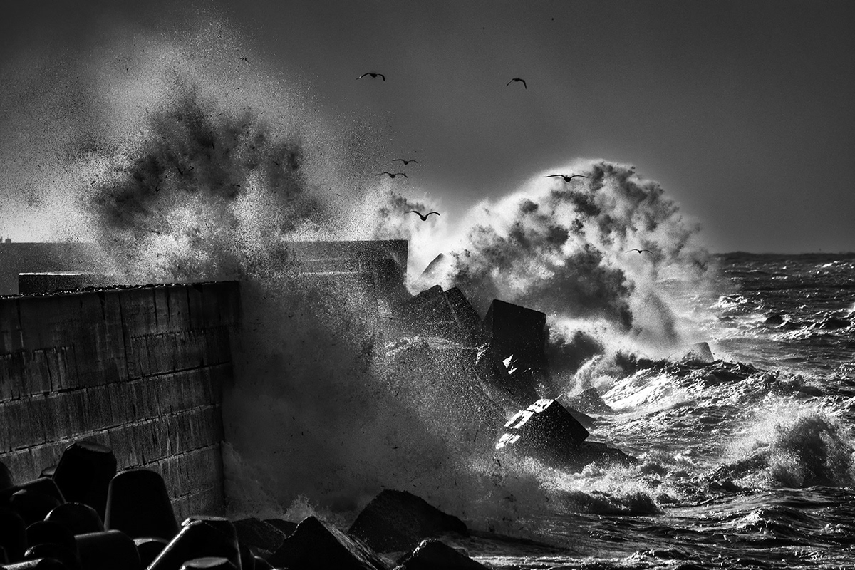 black and white Photography  Nature Stormy Weather North Sea Sea Spray Helgoland