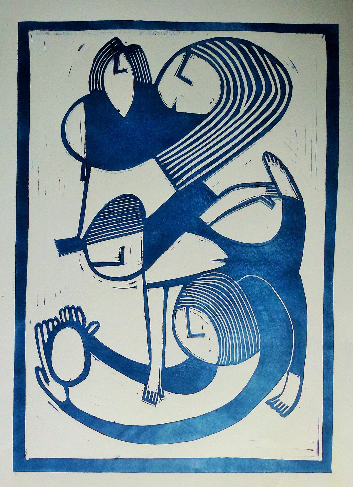 linocut printmaking black & blue
