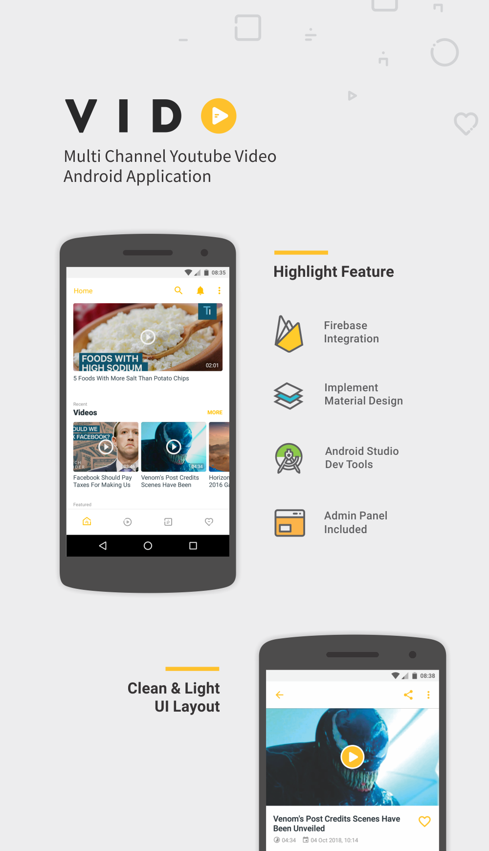 material design android material ui vido codecanyon youtube app youtube video yellow android design