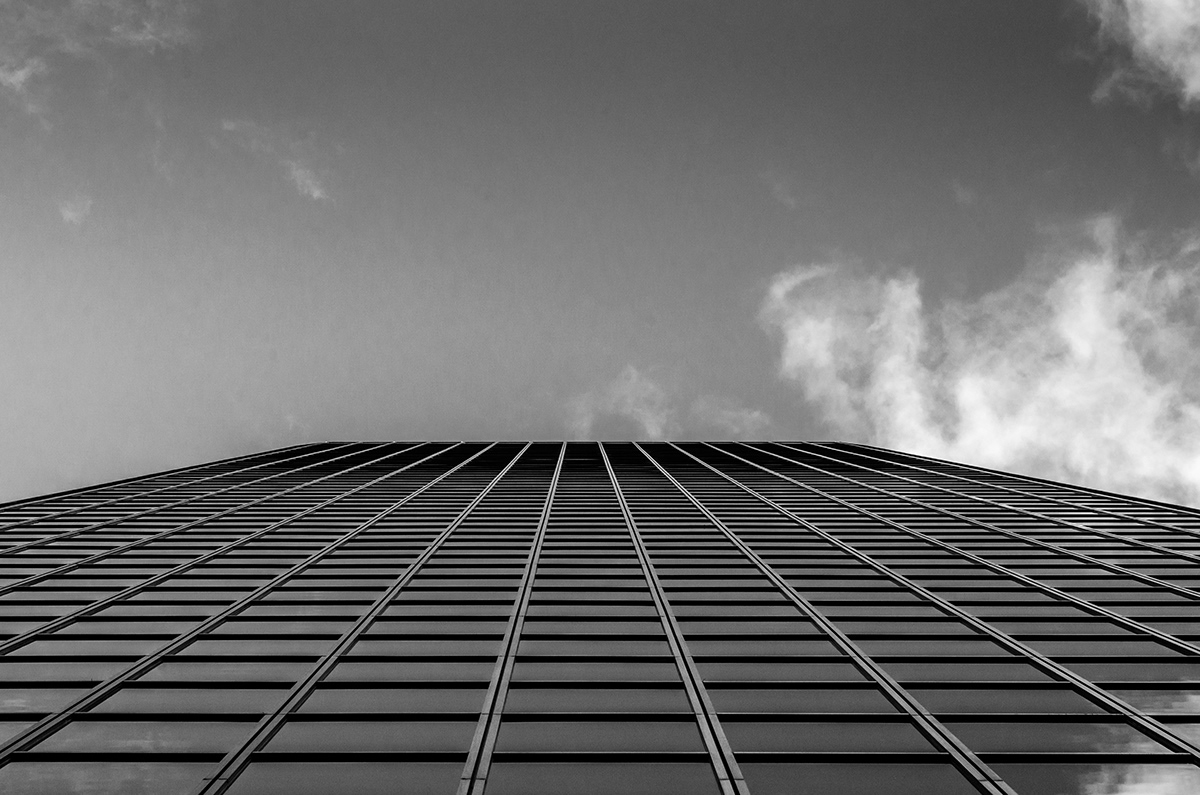 building facade  sky clouds black and white  windows reflections  Shape  geometry look up