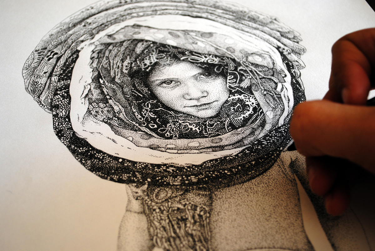 stippling black ink ink paper draw childhood Pointillism dots conceptual allegory portrait