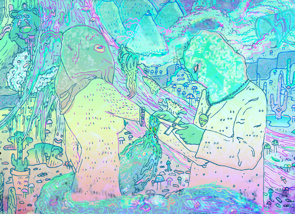 80's 90's alien psychedelic pop surrealism flat maximalism lofi cactus mushroom slime horror rainbow figure