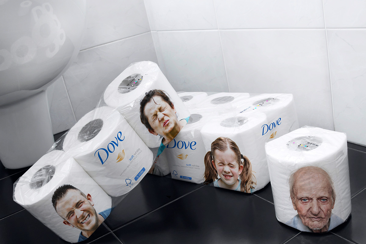 toilet paper dove Expression face funny embarrassing package packaging design print graphic brand product Label concept