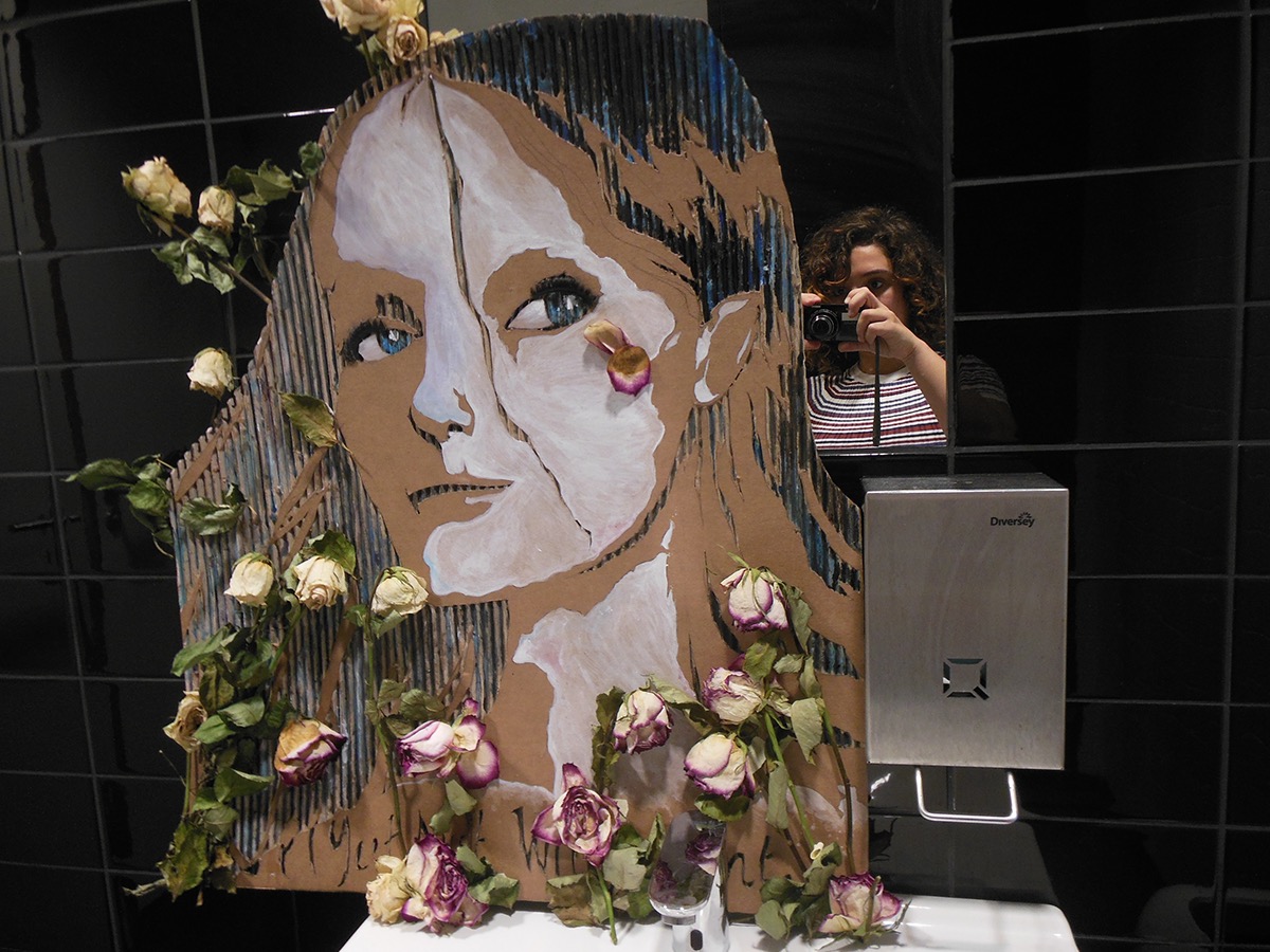cardboard paint Flowers mixed media woman