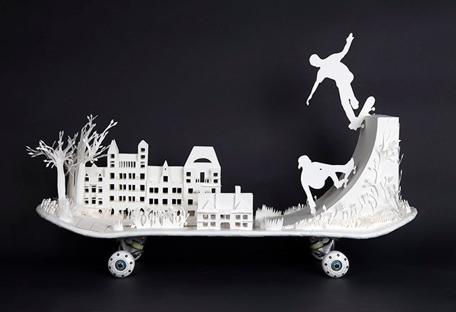 skateboard paper cut handmade 3D bug paper Window Display jumping art buildings Street youth