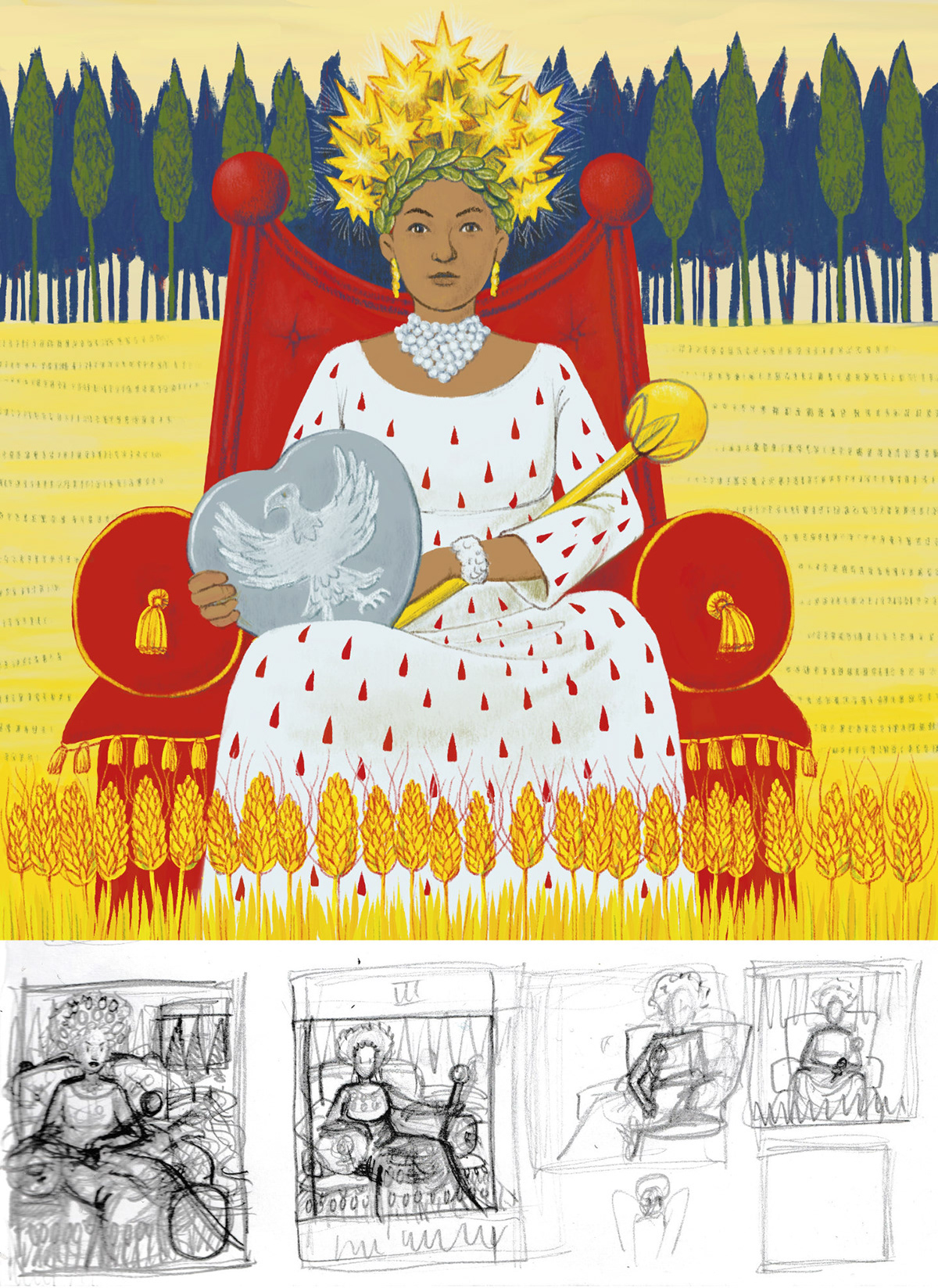 Empress tarot card woman on throne in wheatfield