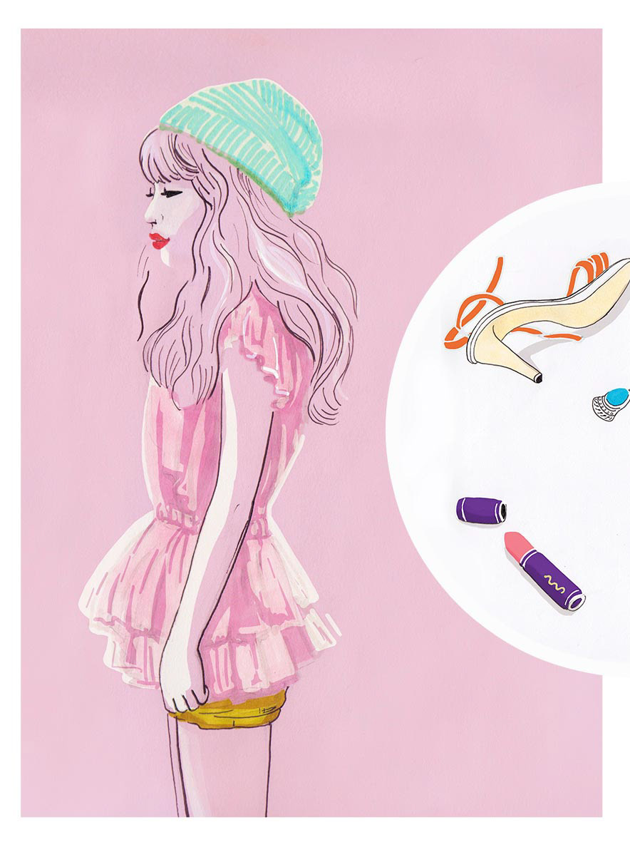 fashion illustration clothes Make Up pin up girl woman hand drawn