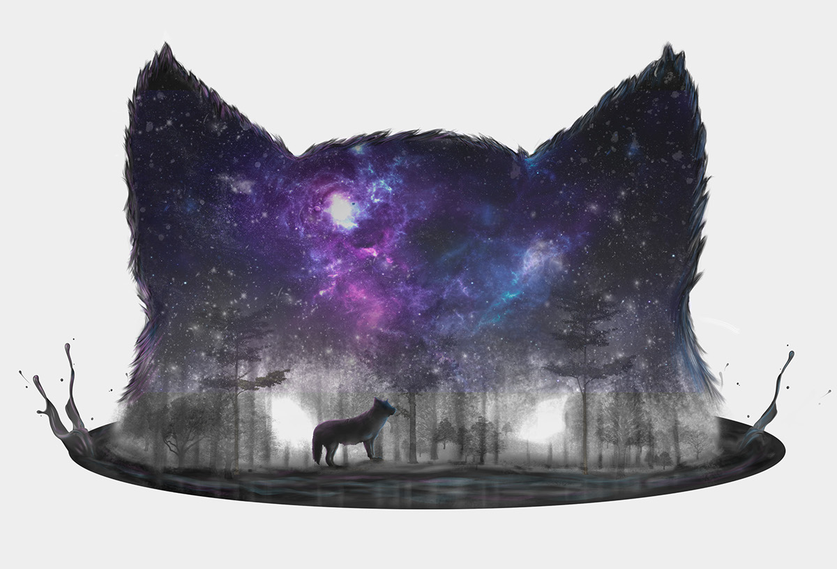 wolf Space  nebula plexus polygon art digital painting wacom photoshop c4d design Tshirt Design creative forest double exposure