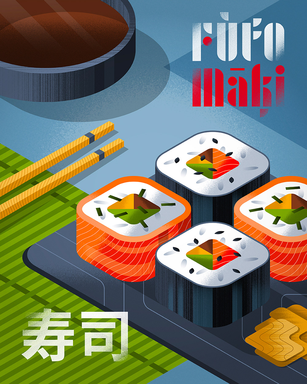 Isometric sushi illustration for poster design by Adrian Bauer