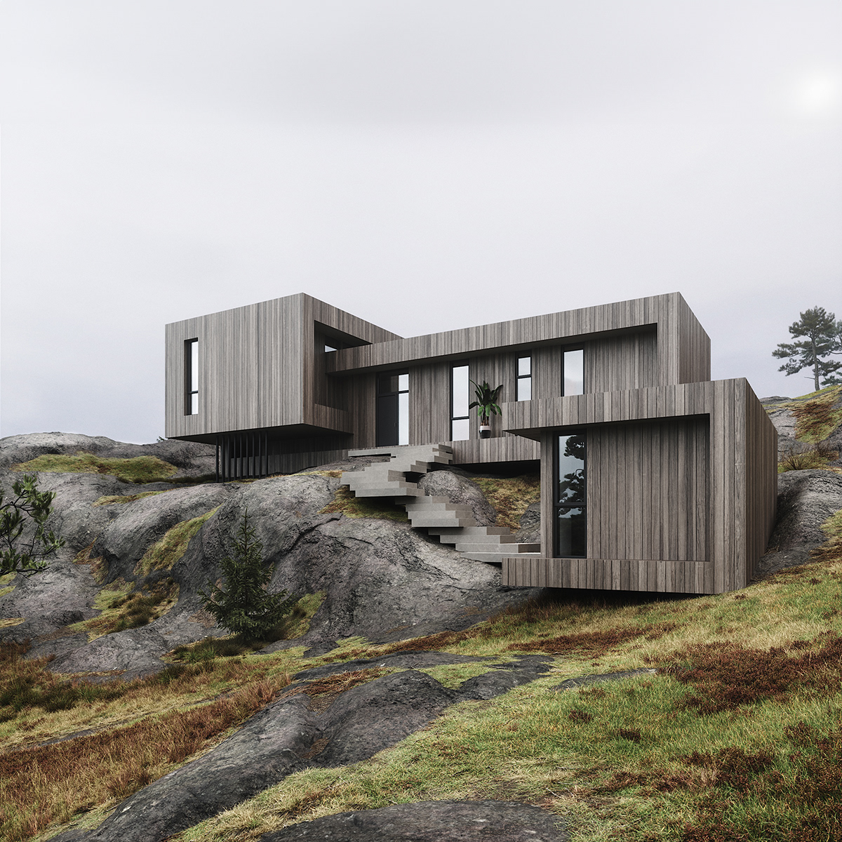 architecture archviz CGI exterior Landscape Nature norway cabin house fjord