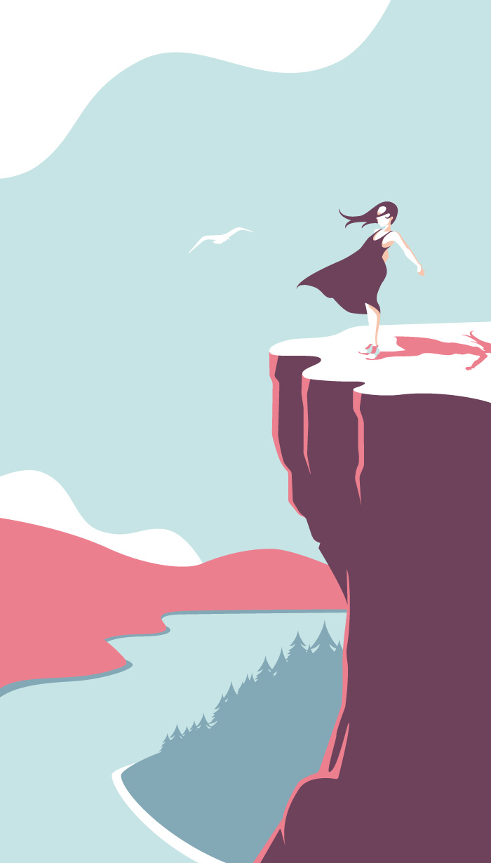 mountain cliff woman vector minimal lake