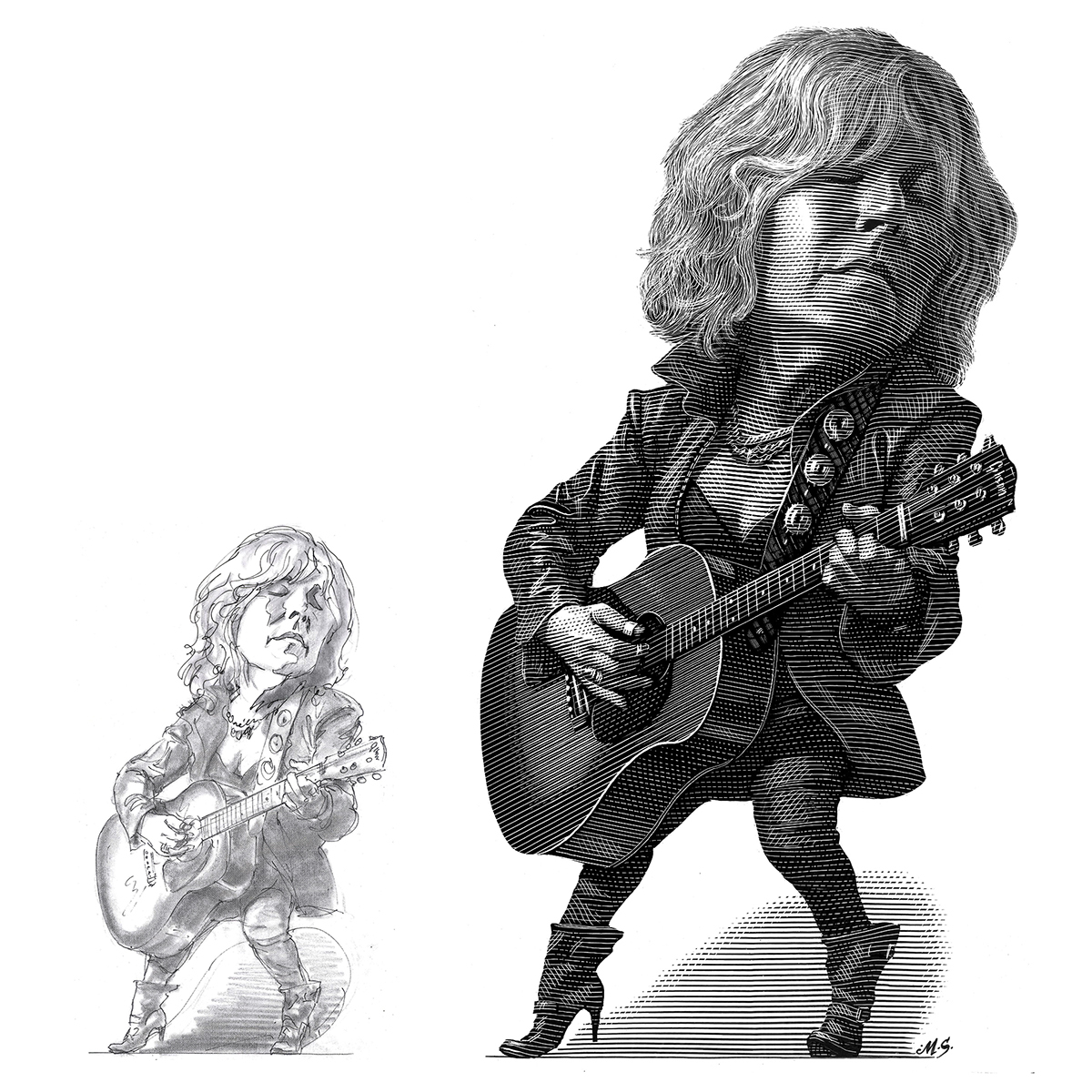 rollingstone scratchboard black and white engraving Rock And Roll portraits caricatures Entertainment