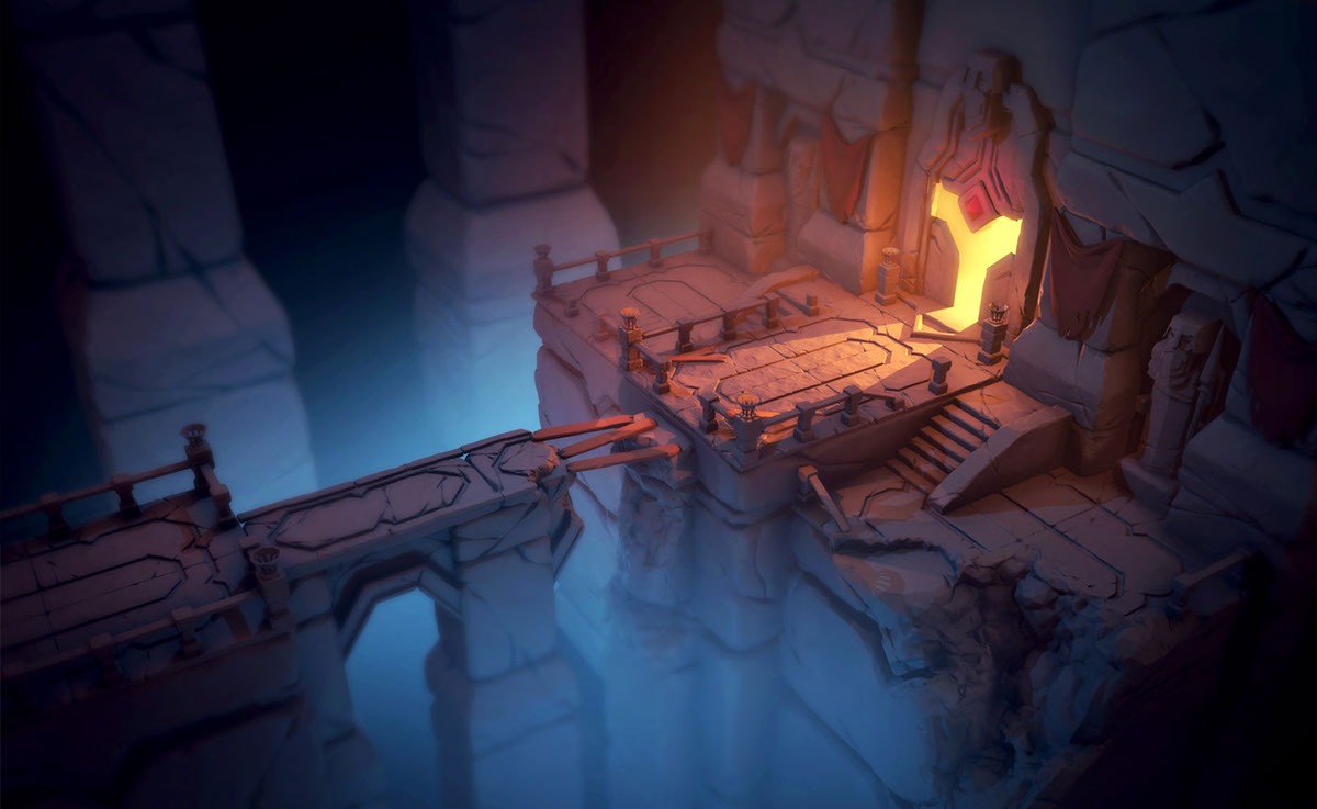 3D moria Level video game fantasy statue ruins cave bridge cavern