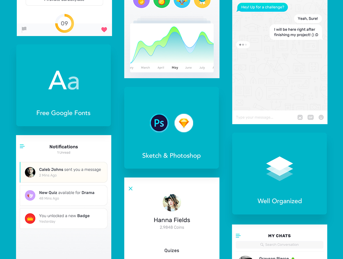 mobile app UI kit GUI Quiz game design graphic sale