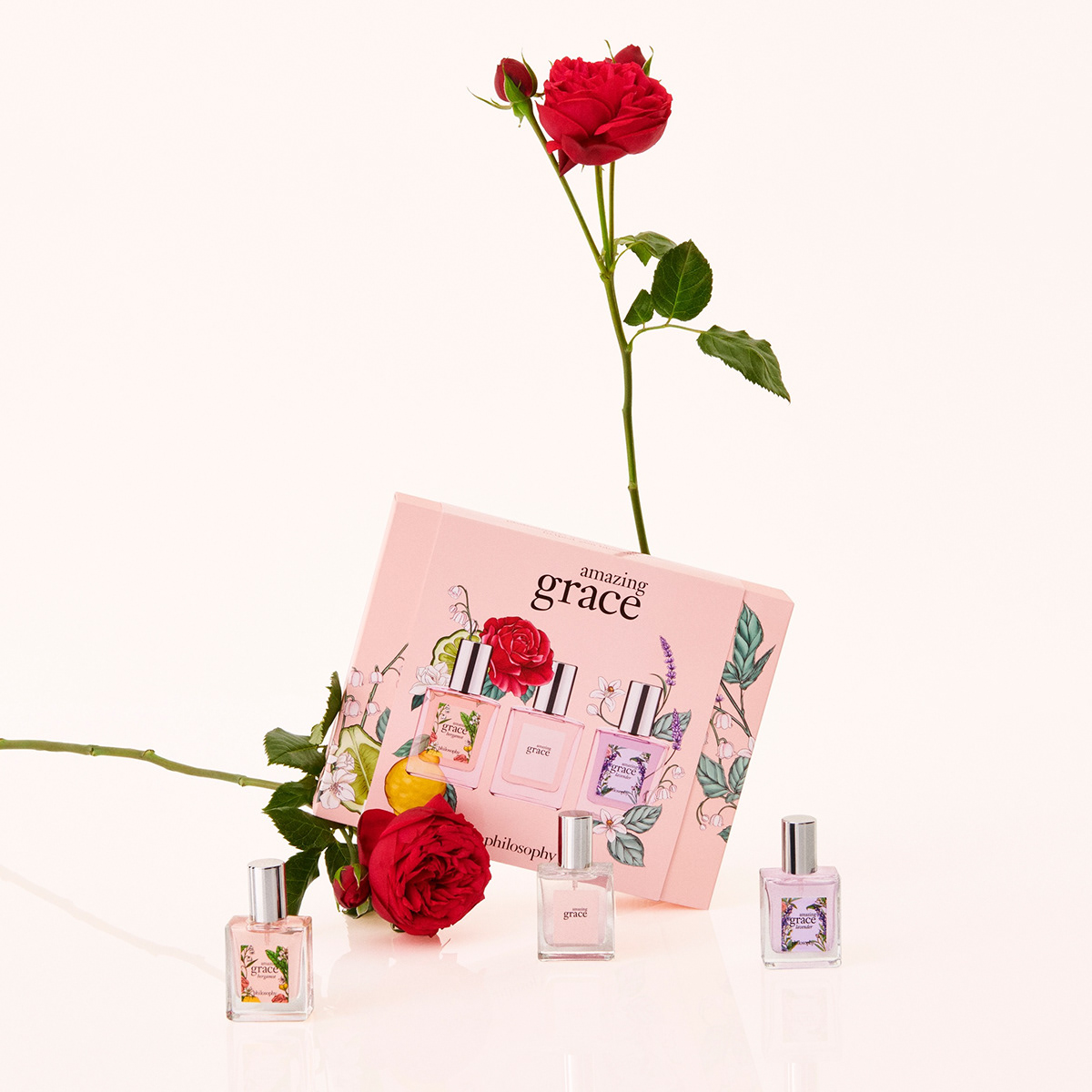 image of box of perfume surrounded by flowers.