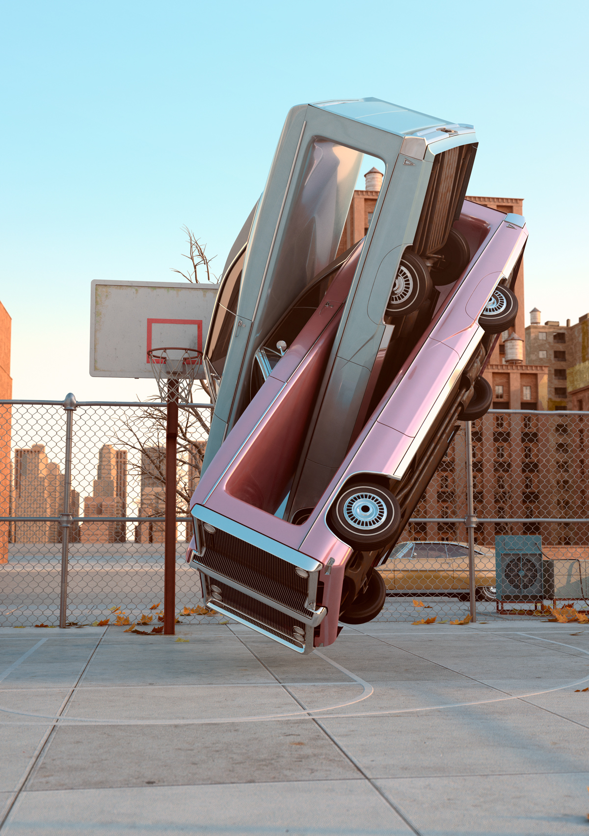 70's Retro Cars New York winter surreal automotive sculpture Aerobics 3D CGI