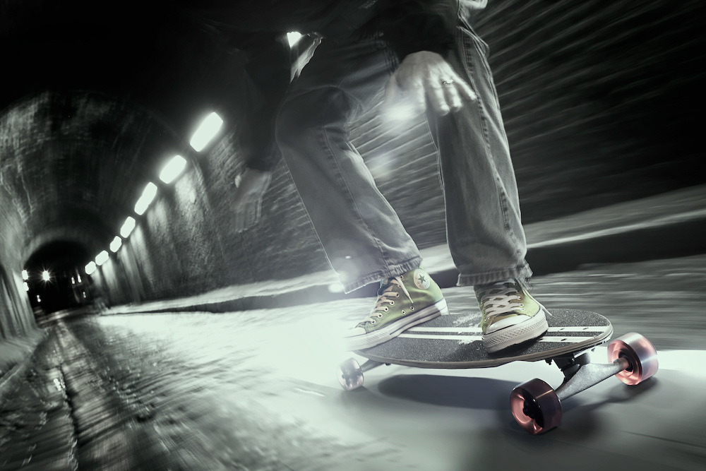 skateboard skater blur night city converse