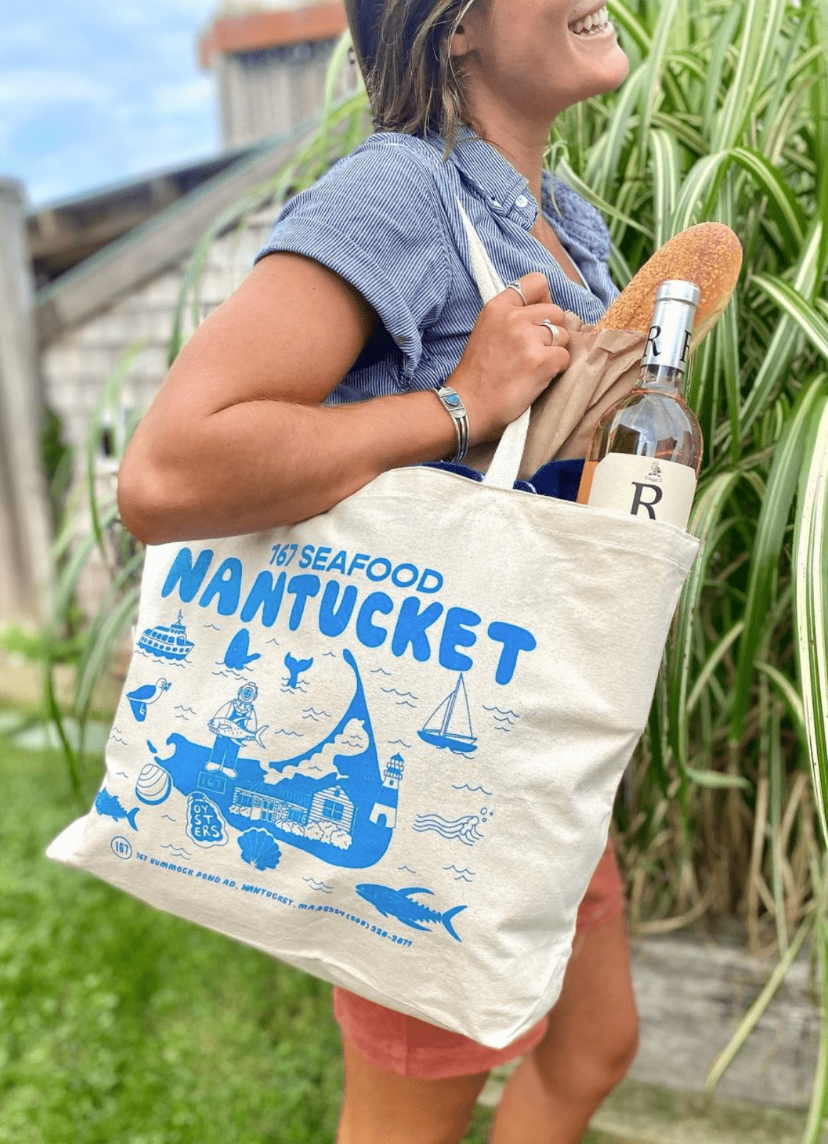 canvas merchandise Nantucket nautical oyster restaurant salmon seafood Tote Bag tuna