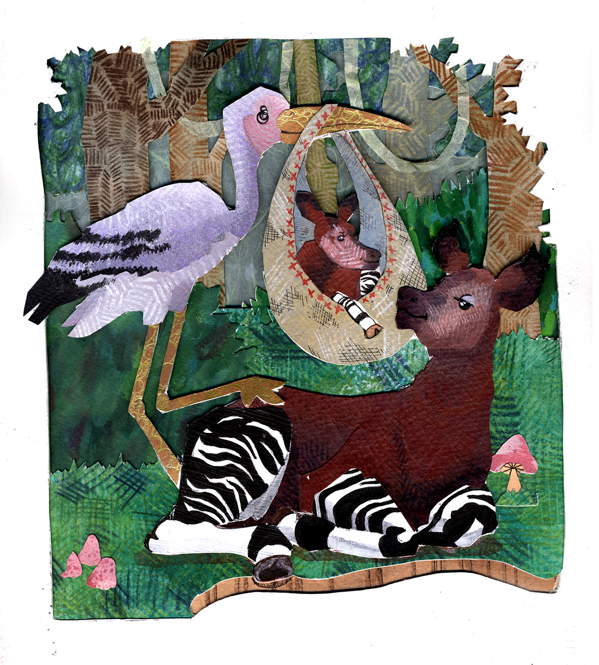 okapi baby mother forest stork bird Nature animals trees rainforest collage paper cut pattern zoo