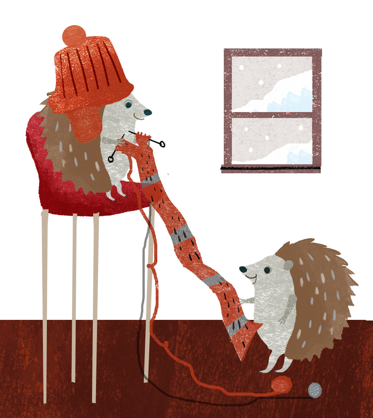 Hedgehog children book Fun animal art ILLUSTRATION  Witner knitting hibernation