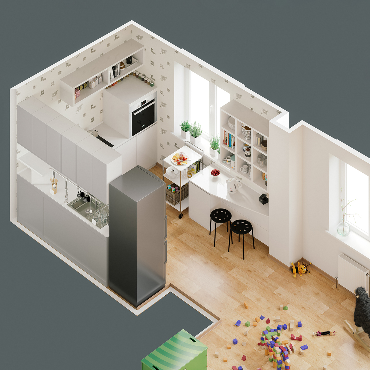3D rendering isometry kitchen Interior architectural visualisation 3dsmax corona corona renderer