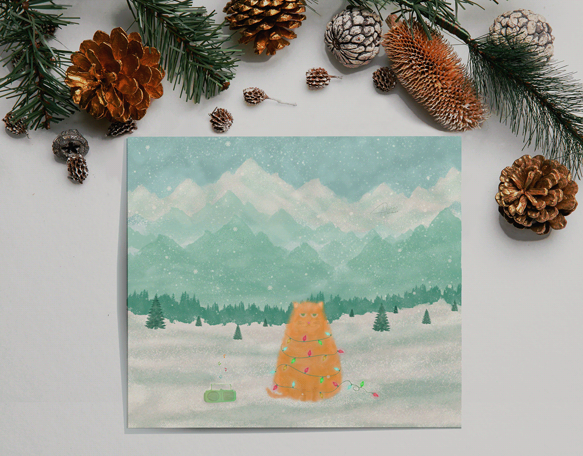 ILLUSTRATION  animation  Christmas winter new year christmas Tree Cat snow graphic design  christmas illustration