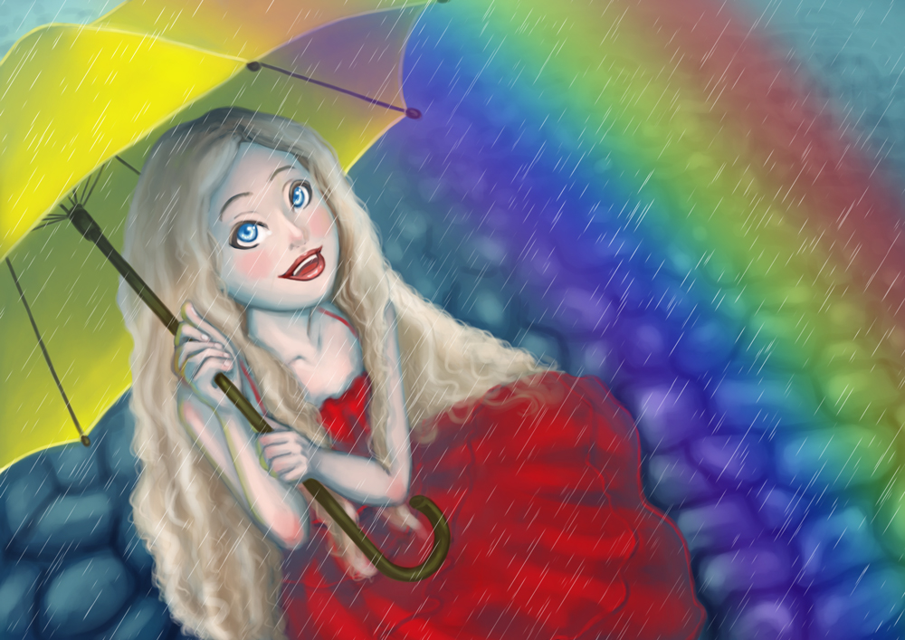 rain rainbow anime girl happy girl red dress yellow umbrella sidewalk blond girl young girl rainy day