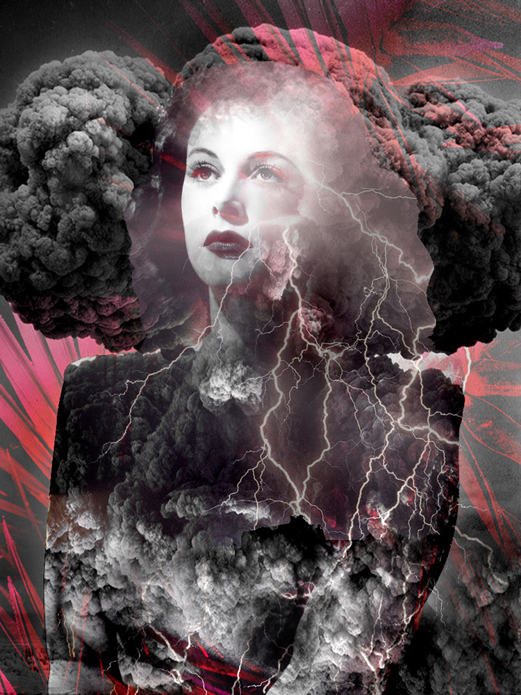 diva hedy lamarr actress clouds storm Lightning Bolts pink violet SKY surreal collage
